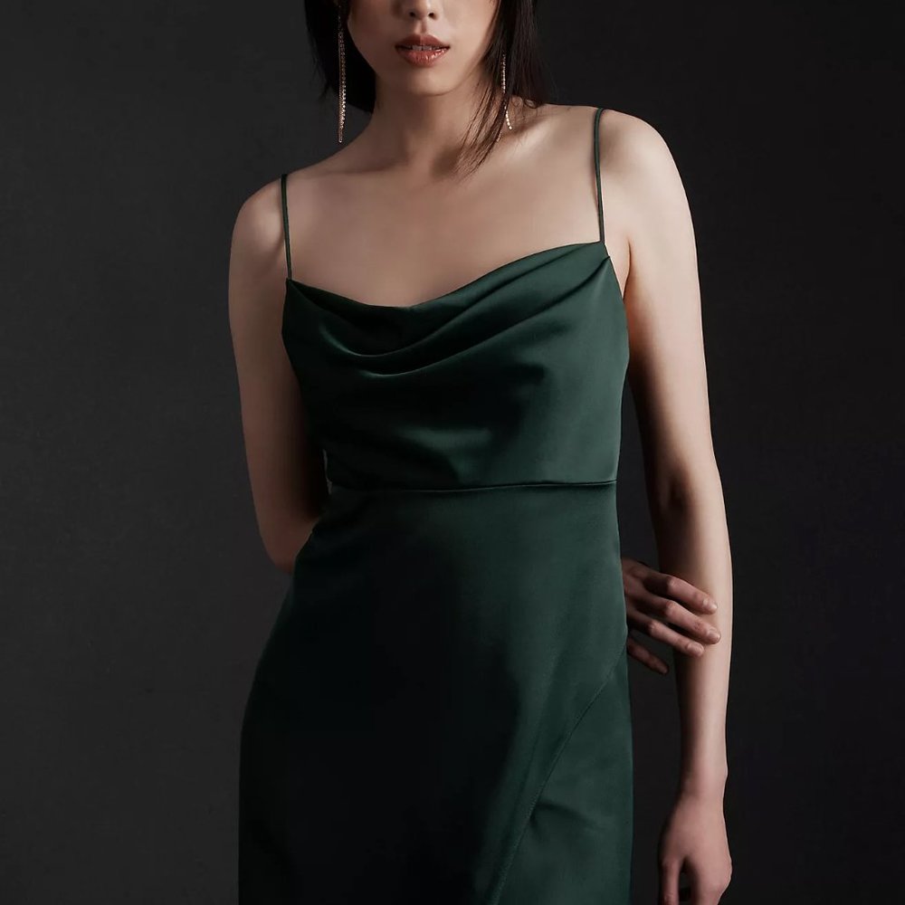 BHLDN Remy Cowl-Neck Faux-Wrap Satin Gown  - Dark Emerald Green - Size 2